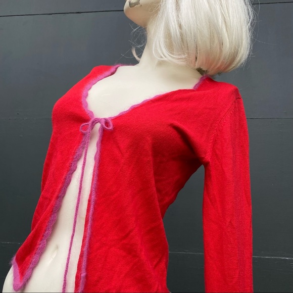 Vintage Anni Kuan Flirty Red Cardigan Sweater Silk/Cashmere with Angora Trim - Picture 1 of 9